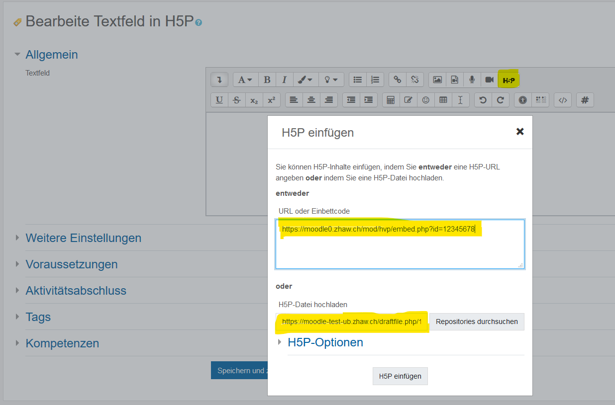 screenshot des Atto editors mit dem H5P Button und dem zugehörigen Eingabe Dialog. Der Einbettcode und der Link zur H5P Datei sind mit gelbem Marker hervorgehoben.