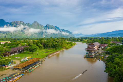 Aerial view of beautiful landscapes at Vang Vieng , Laos. Southeast Asia. Photo made by drone from above. Bird eye view